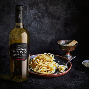 Elevate Your Dinner with Asiago and Green Peppercorn Cacio e Pepe, Paired with Bianco Superiore Vesuvio Lacryma Christi DOC