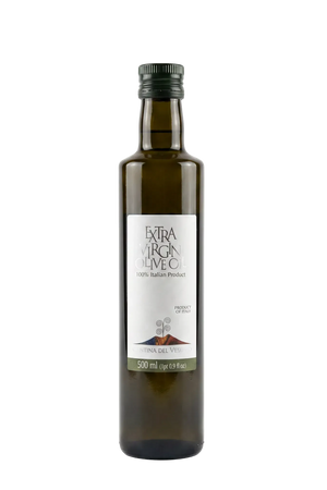 A 500 ml dark glass bottle of olive oil with a white label and a dark green cap, set against a plain light gray background.